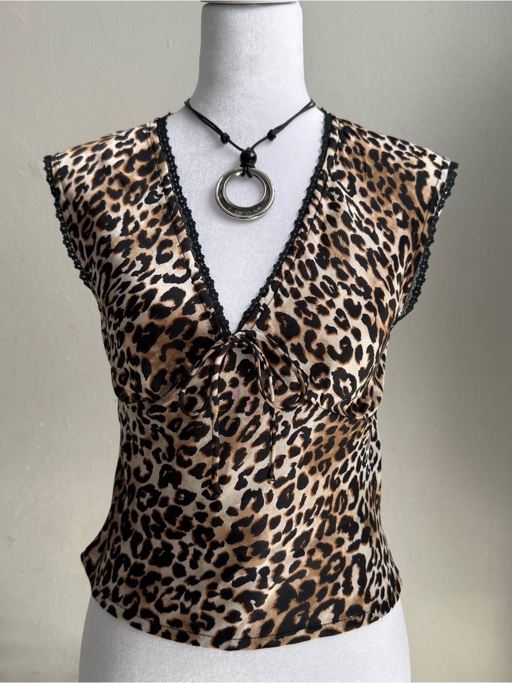 Japna Leopard Print V-Neck Camisole with Black Lace Trim